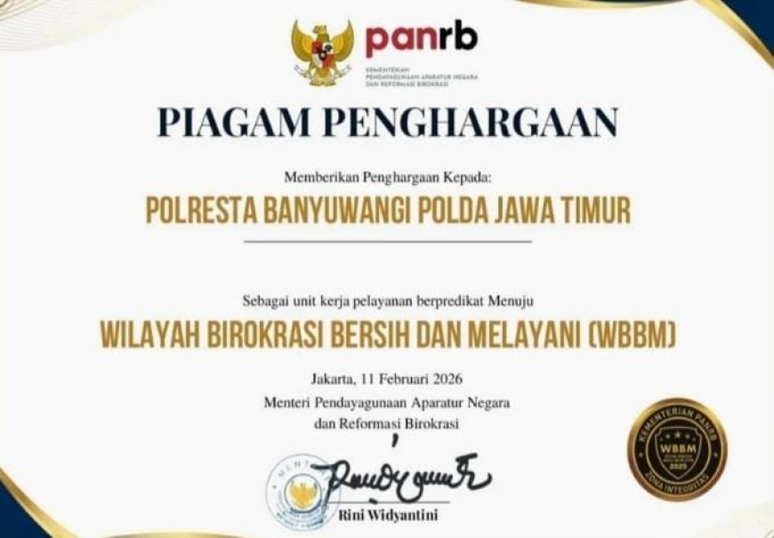 Polresta Banyuwangi Raih Penghargaan Zona Integritas Menuju WBBM Tahun 2025